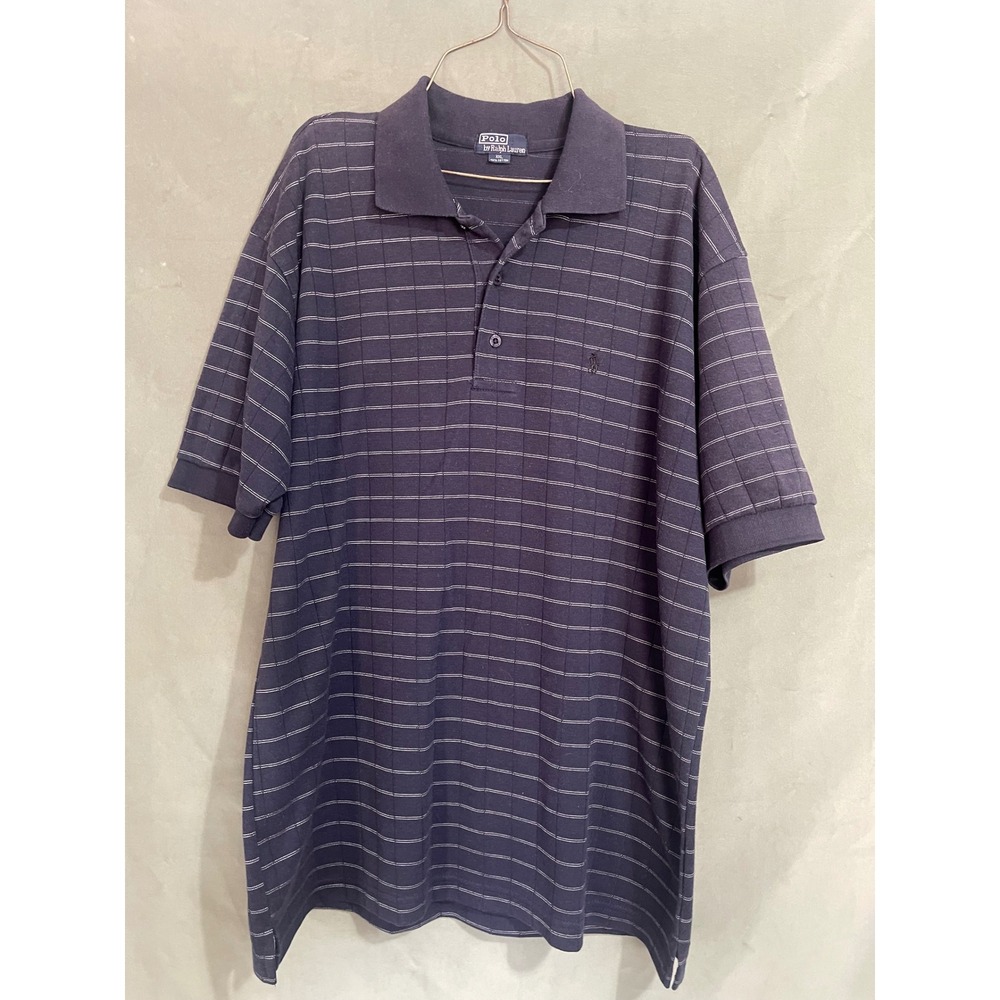 Polo Ralph Lauren Mens XXL Navy Blue Striped Grid Cotton Polo Shirt XL Large